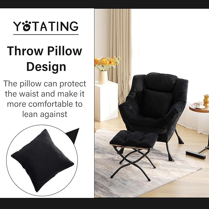 Lazy Chair with Ottoman Comfy Reading Lounge Chair with Footstool &amp Throw Pillow Modern with Armrests &amp Side Pocket for Living Room Bedroom Dorm Room Velvet Black