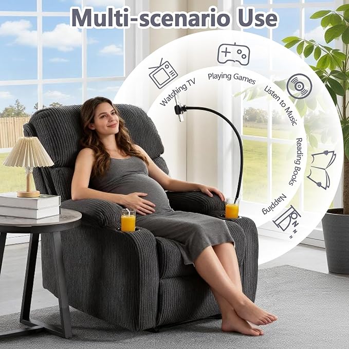 Manual Recliner ChairModern Corduroy Reclining Chairs with Phone Stand &amp Cup HoldersOverstuffed Single Sofa Recliner for AdultsLiving Room Bedroom Home Theater (Dark Grey)