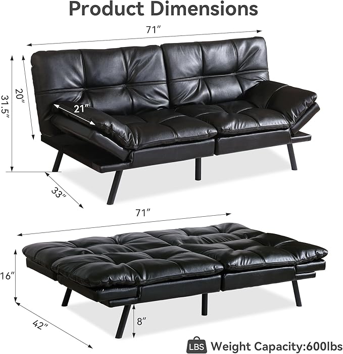 Convertible Futon Sofa Bed71 Modern Premium Faux Leather Futon Couch with Adjustable Backrest&ampArmrestSmall Loveseat Sleeper SofaDorm Futonsofa for ApartmentLiving RoomBlack