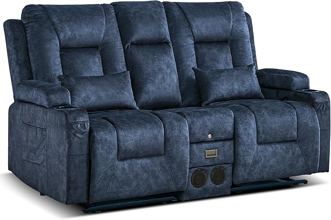 URRED Manual Reclining Loveseat Sofa with Console Double Recliner RV Couch with Bluetooth Speakers USB &amp Power Outlet Cup Holders Pillow and Side Pocket for Home Theater (Blue)