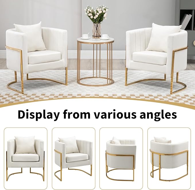 Velvet Modern Living Room Accent Chairs Set of 2 Upholstered Mid-Century Barrel Chairs for Bedroom Side Club Reception Chairs with Gold Metal Legs White