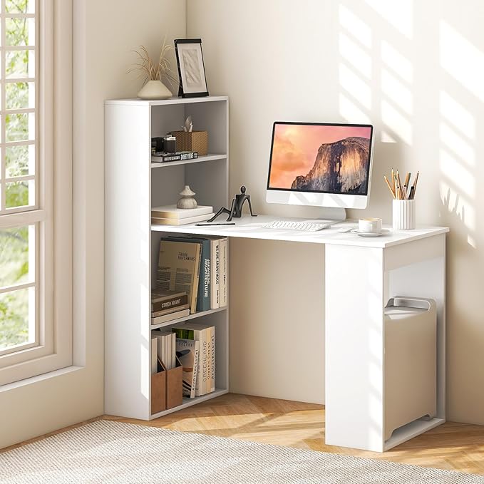 Tangkula White Computer Desk with Bookshelf Writing Study Desk with Storage Shelves &amp CPU Stand Modern Compact Computer Workstation for Home &amp Office Space-Saving Design