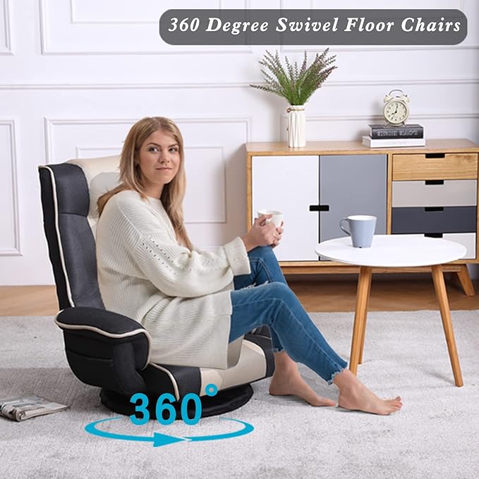 360 Degree Swivel Floor Chairs for Adults Gaming Floor Chair with Back Support 14 Angles Adjustable Comfortable Floor Lounge Chair Folding Video Game Chairs Office Bedroom 201(Grey)