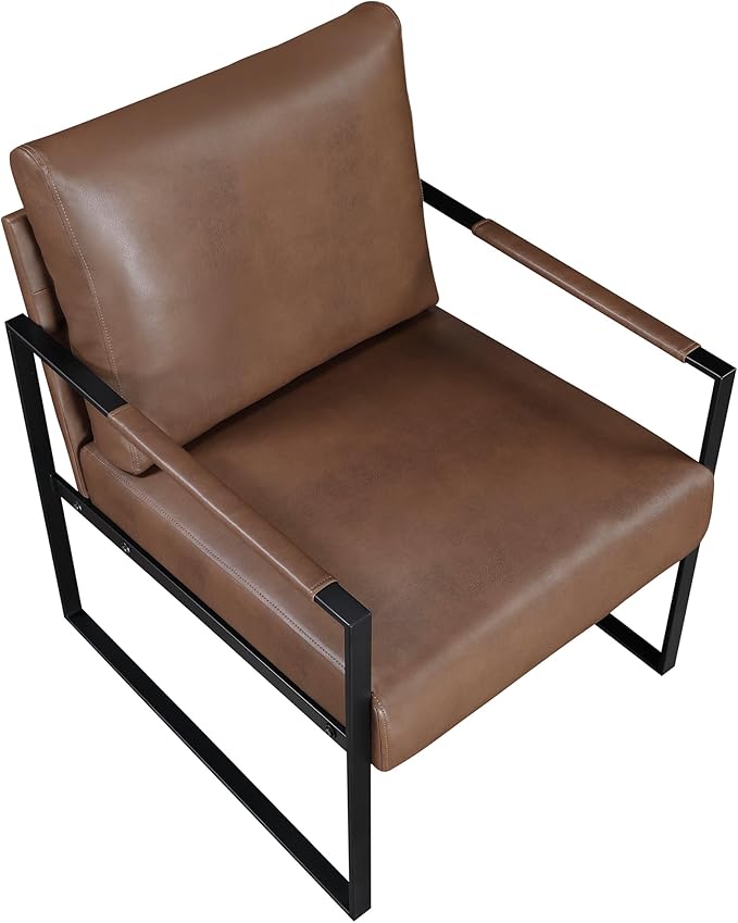 Lexicon Modern Accent Chair Faux Leather Upholstered Living Room Chair with Wrapped Armrests Arm Chair with Black Metal Frame Comfy Single Chair for Living Room/Bedroom/Reading Room/Office Brown