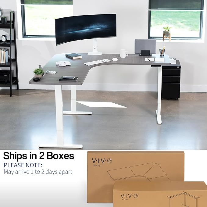 VIVO Electric Height Adjustable 71 x 71 inch Curved Corner Stand Up Desk Dark Gray Table Top White Frame Memory Controller L-Shaped Workstation E3C Series DESK-KIT-E3CWG