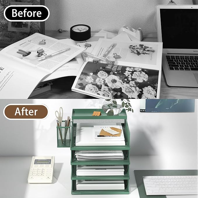 Stackable Letter Trays 4 Tier Metal Paper Tray &amp Desk Organizer Stackable File Trays for Office &amp Home Multi-Functional Document Tray with Fine Grid Design &amp Magnetic LabelsGreen
