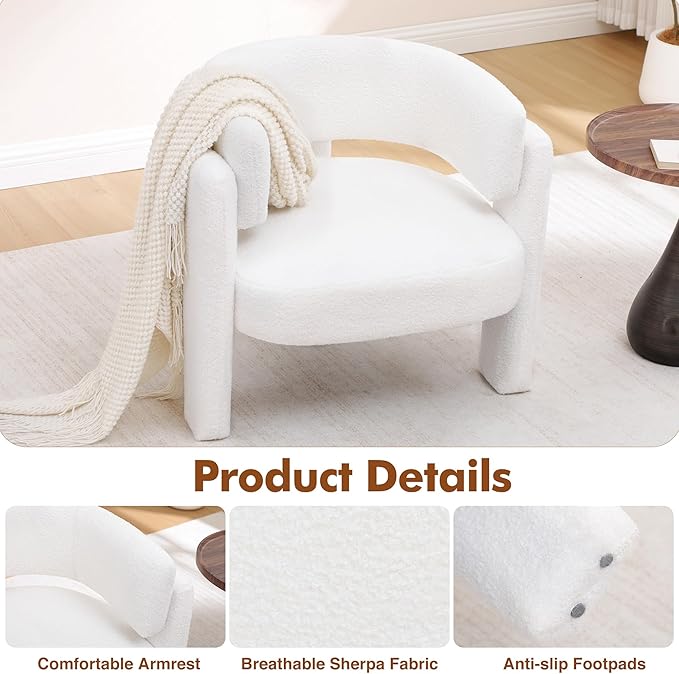 Accent Chairs Set of 2 Modern Sherpa Barrel Chairs Upholstered Living Room Chairs with 3 Legs Comfy Armchair Reading Side Chair for Bedroom Office Apartment White