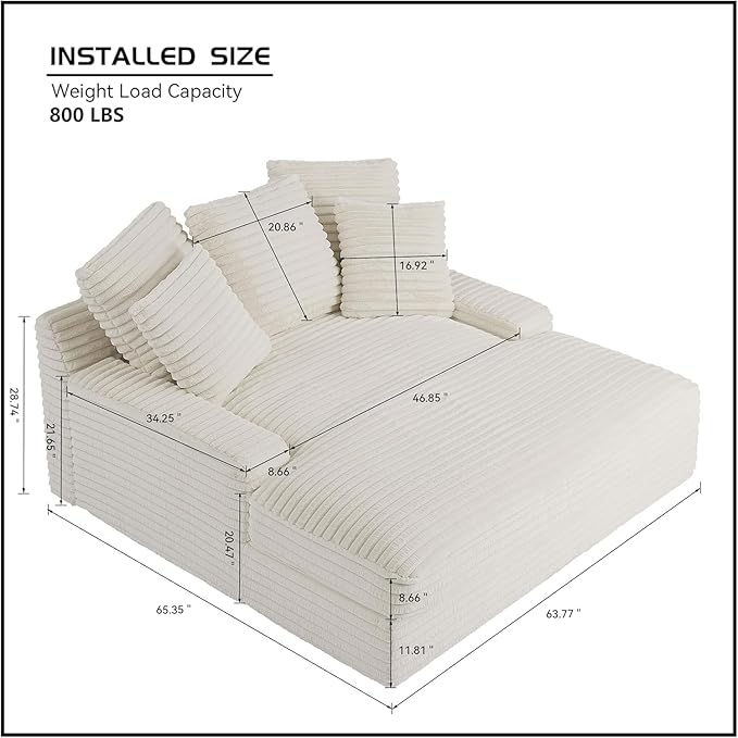 64 Oversized Chaise Daybed Lounge Sleeper Sofa Extra Wide Cloud Sofa&ampCouch Luxury Plush Corduroy Upholstered Loveseat Couch Deep Seat Living Room Queen Size Sofabed W/5 Pillows for Home/Apartmen