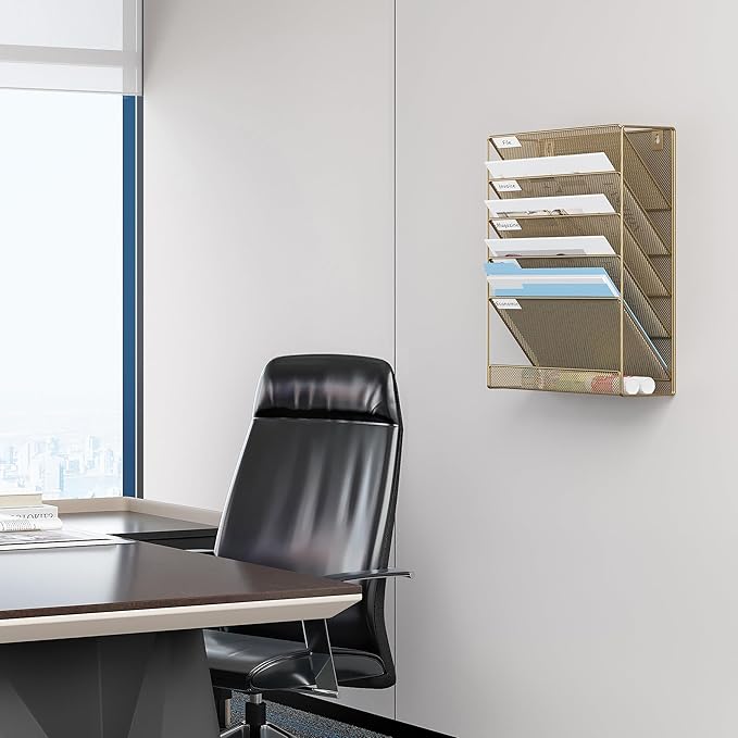 EasyPAG 5 Tier Wall File Holder Mesh Hanging Folder Organizer with Classify Label Versatile Desk File Holder Vertical Wall Mounted Mail Organizer for Office Home Cubicle Gold