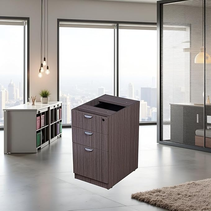 Driftwood Laminate Deluxe Locking Pedestal Two Box Drawers File Cabinet Desk Thermal Fused Melamine Construction with 3mm PVC Edge Banding Scratch Resistant Finish Contemporary Design