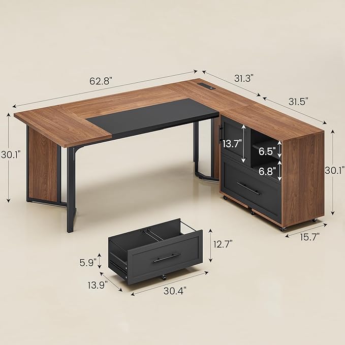 63 Executive Desk with Mobile File Cabinet Large Office Desk with Drawer Modern L Shaped Desk with Power Outlets Storage Shelves Corner Computer Desk Business Workstation Set (Walnut)