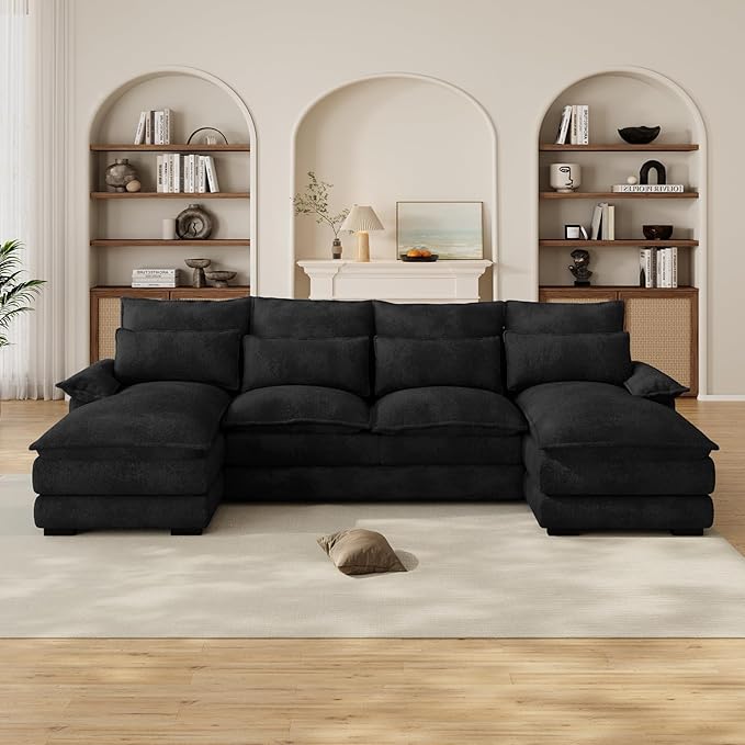 OUYESSIR 110 U Shaped Cloud Sectional Sofa with Deep Seat Cushions Modern Comfy Chenille Couch 4 Seater Fluffy Sectional Couches for Living Room with Double Chaise(Black)