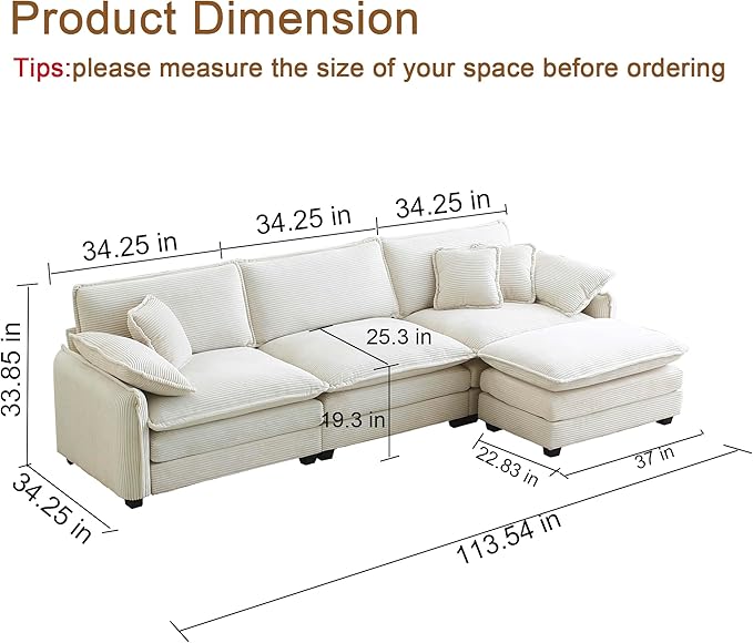 115 Sectional Couches for Living RoomModular L Shaped Sofa with ChaiseModern Sofa with Ottoman for ApartmentSmall Space(Beige3 Seats with Ottoman)
