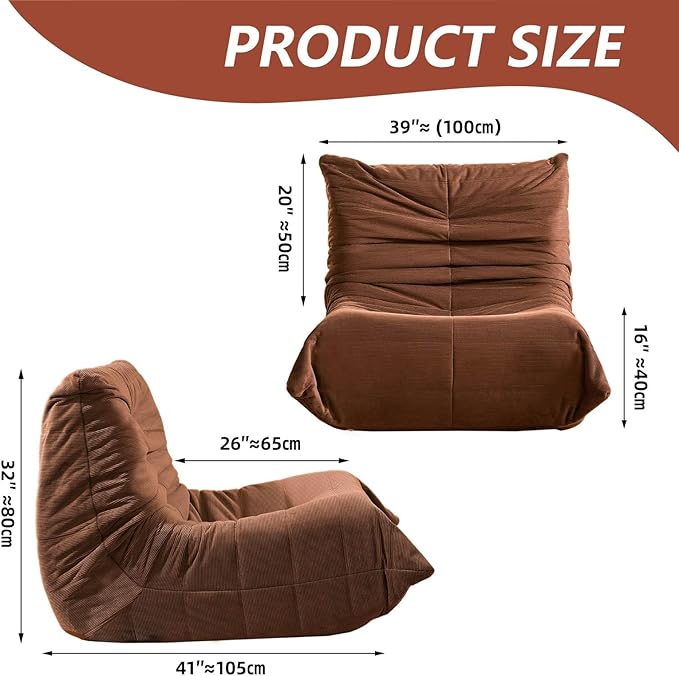 Modern Living Room Adult Bean Bag Floor Sofa Super Soft and Comfortable Memory Foam Lazy Sofa Togo Recliner Furniture Suitable for Balcony Bedroom Fireside Chair (Orange)