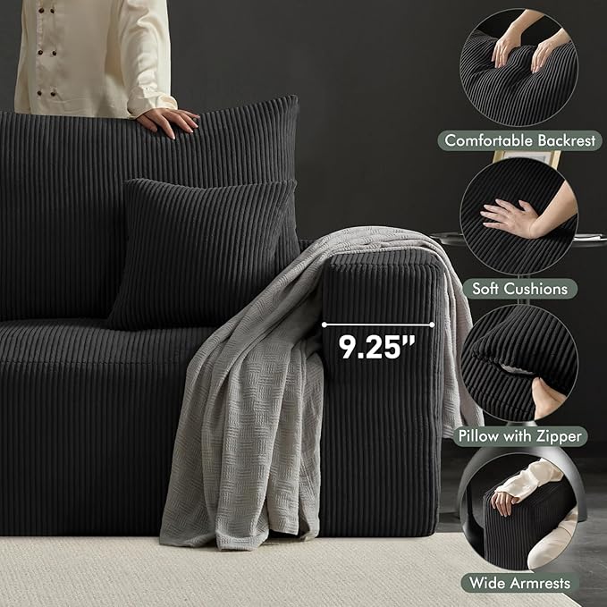 113 Modular Sectional Couch Cloud Boneless Sofa with Deep Seats Upholstered Corduroy Sleeper Sofa Bed with 3-Seater for Living Room No Assembly Required Black