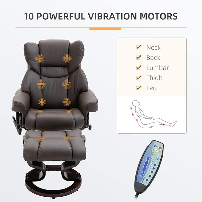 Massage Recliner Chair with Ottoman Footrest 10 Vibration Points 360° Swivel Reclining Chair Faux Leather Living Room Chair with Side Pocket and Remote Control