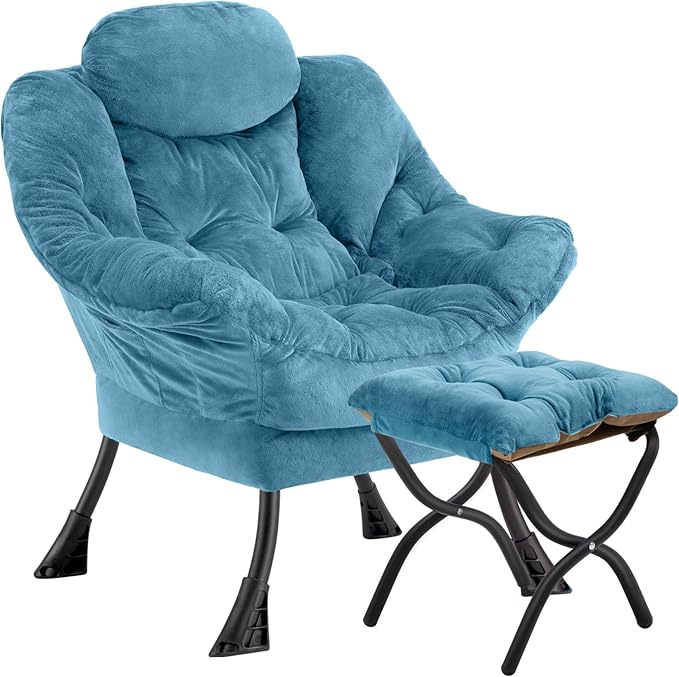 Lazy Chair with Folding OttomanLeisure Sofa ChairSoft Fabric Armchair with Armrests and Side Pockets Reading Chair with Footrest for Living Room Bedroom Office (Plush Blue)