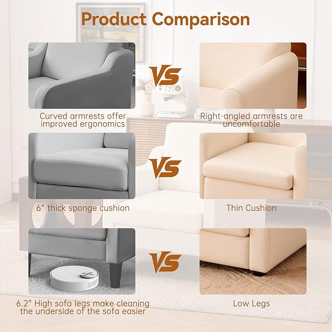Accent Chair for Living Room Modern Velvet Living Room Chairs with Wide Backrest Upholstered Comfy Chair with Cushion Oversized Sofa Chair with Wood Legs Single Armchair Grey