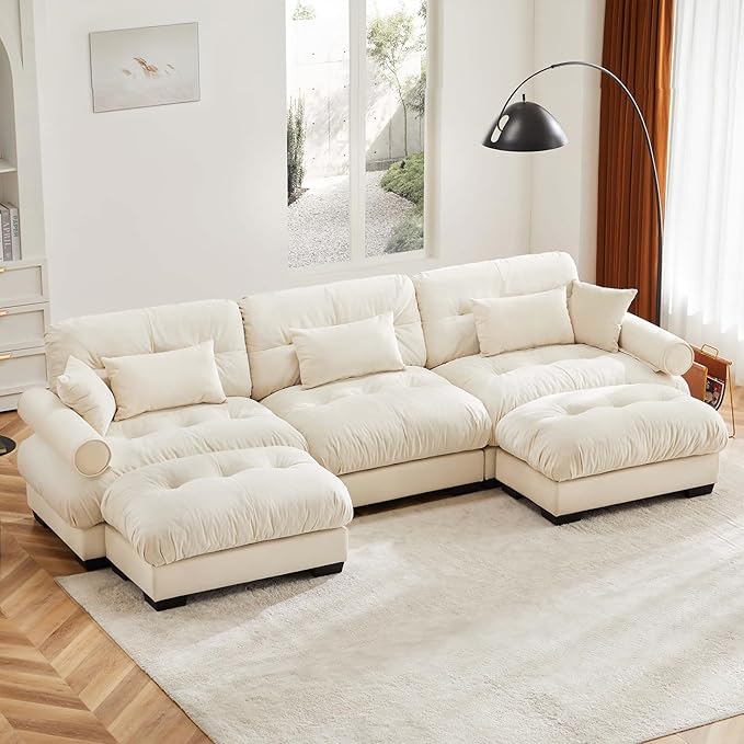 Ottoman for Large Sectional Couches for Living Room Cloud Modern Modular Deep Seat Sofa Set Comfy Couches Velvet Sofá para Sala Bedroom Apartment Beige