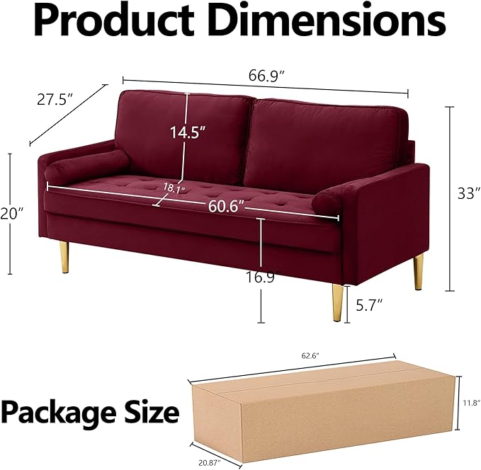65 Loveseat Sofa with 2 Pillows Comfy Love Seat Cuches with Gold LegsVelvet Small Couchs for Living Room Bedroom Office ApartmentMid Century Modern Couch (Red)