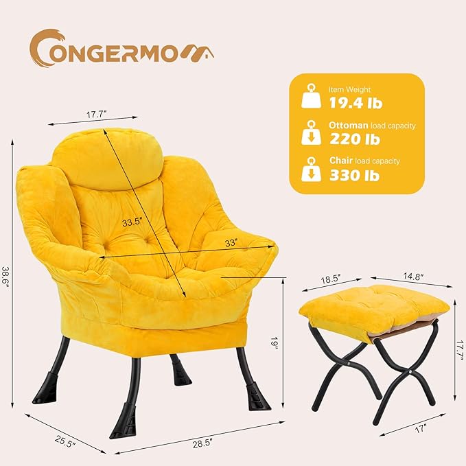Lazy Chair with Folding OttomanLeisure Sofa ChairSoft Fabric Armchair with Armrests and Side Pockets Reading Chair with Footrest for Living Room Bedroom Office (Plush Yellow)