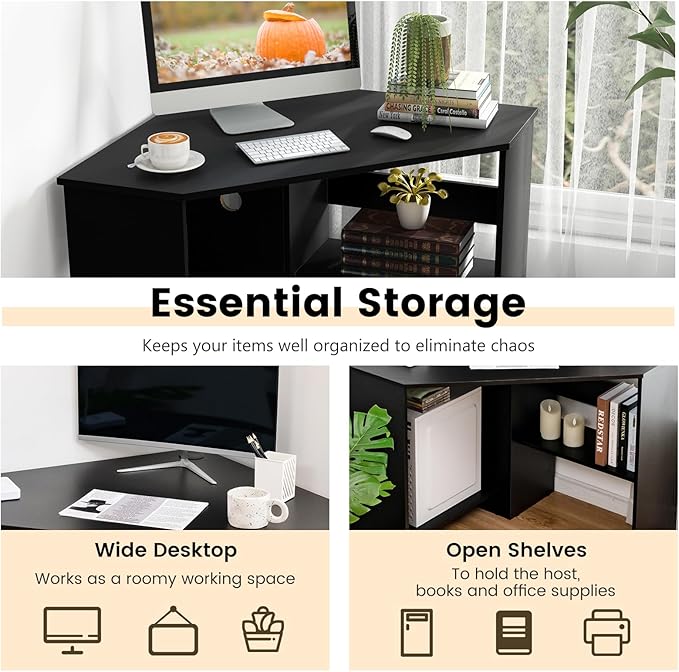 Small Corner Desk Space-Saving Corner Workstation with Storage Shelves &amp CPU Stand 90 Degree Triangle Makeup Vanity Desk Wood Corner Computer Desk for Small Space (Black)