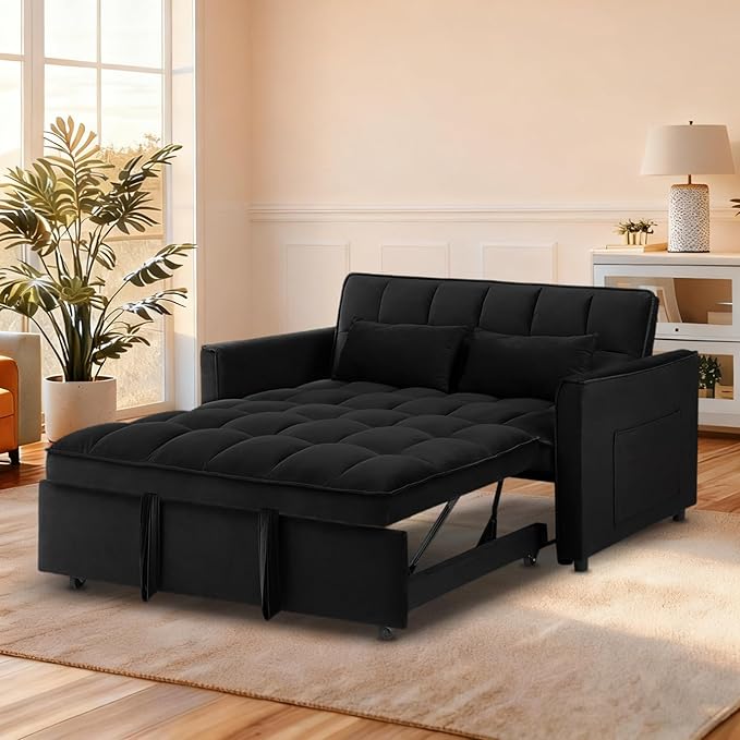 53'' Convertible Sleeper Sofa Bed Modern Velvet Fabric Adjustable Backrest Side Pocket and 2 Pillows 3-in-1 Pull Out Loveseat Couch for Living Room Bedroom Small Spaces Black