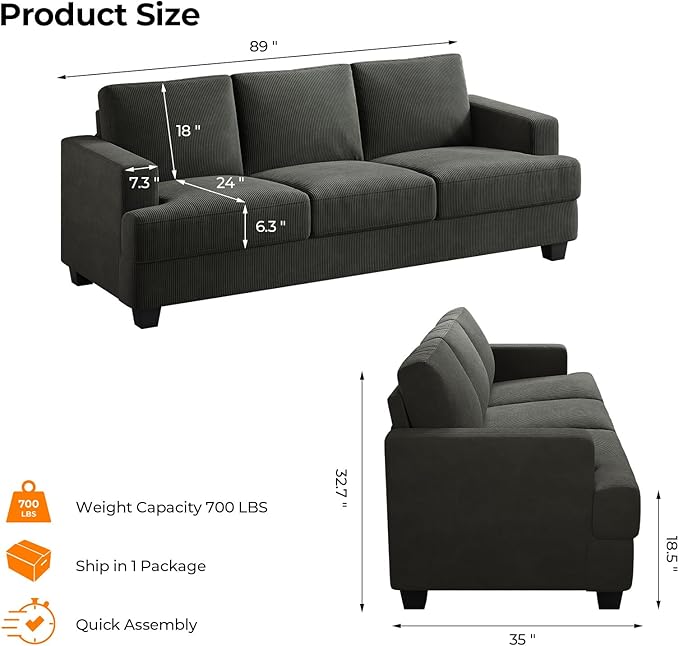 89 Inch Sofa with Extra Deep Seats Oversize 3 Seater Sofa for Living Room Modern Couch and Sofa Comfy Armrests and Seats and Backrests Easy Installation Corduroy Fabric Grey