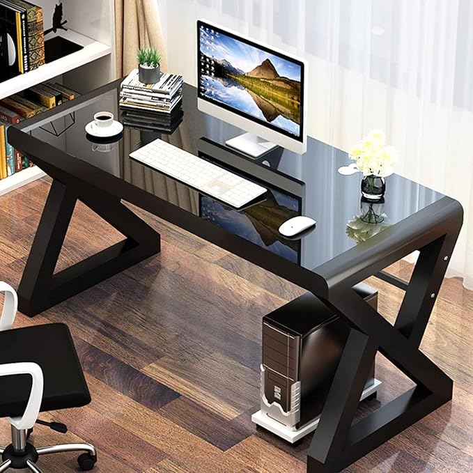 SAMERY Computer Desk Home Office Desks 55.1 Inch Modern Simple Office Black Glass Desk Computer Table Study Gaming Writing Desk Fashion Strength Tempered Glass Office Laptop Desk