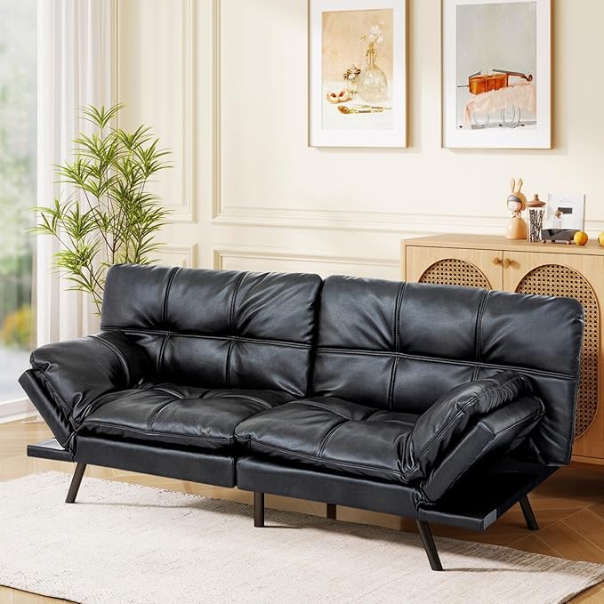 MUUEGM Futon Sofa Bed 71 Folding Recliner Lounge with Adjustable Backrest &amp Armrests Comfy Loveseat Sleeper Couch for Compact Spaces Faux Leather Black