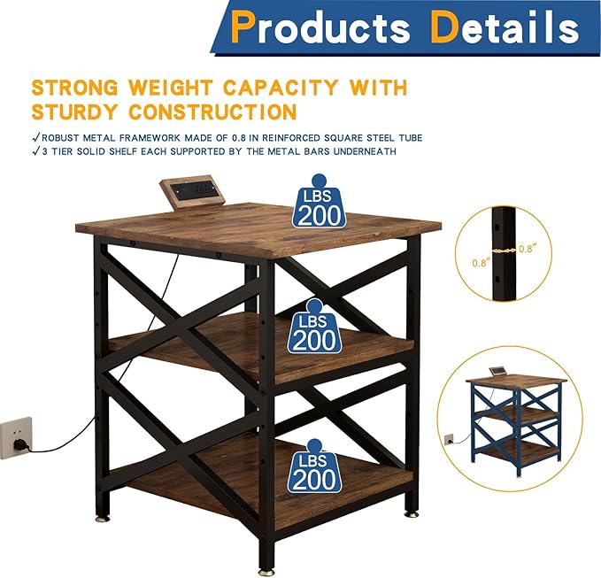 Large Printer Stand with Power Outlet with Height Adjustable Storage Shelf 3 Tier Rolling Printer Cart with Industrial Wheels 23.6 x 23.6 Inches Printer Table for Home Office Rustic Brown
