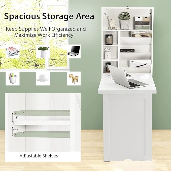 Tangkula Foldable Wall Mounted Desk Floating Table with Storage Shelves &amp Hooks Space-Saving Fold-Up Murphy Desk for Small Spaces Home Office Dorm Room