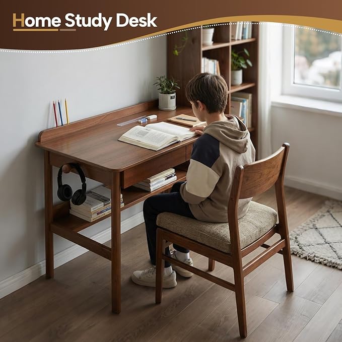 Solid Wood Study Desk &amp Home Office Writing Table with Drawers 47 Vintage Mid Century Modern Computer Desk Home Office Workstation for Bedroom Small Spaces Apartment(Walnut47.2 Inch Wide)