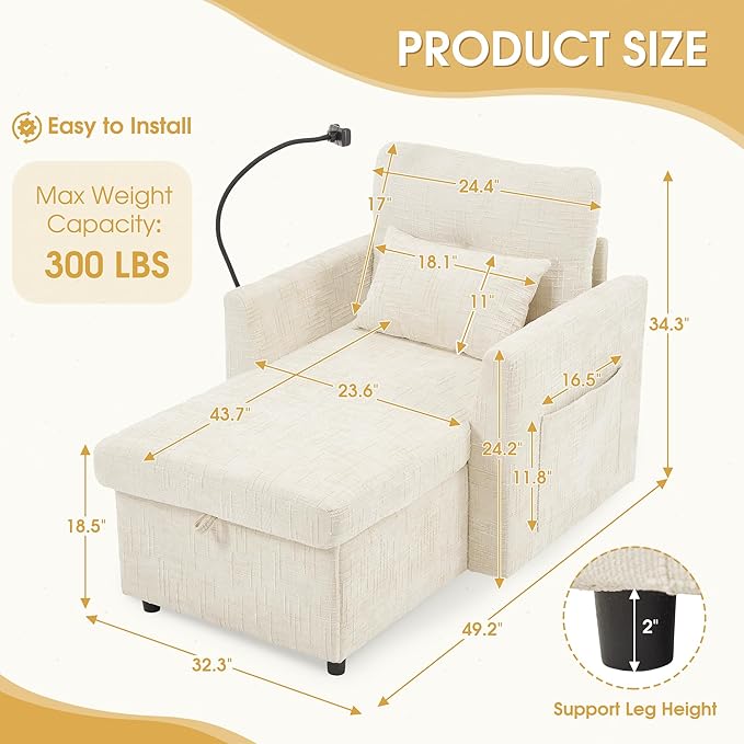 HOMEFUN Sleeper Chair Bed Lazy-Friendly Indoor Chaise Lounge with Storage Cell Phone Bracket Multifunctional Sofa for Bedroom Living Room Small Space Adults