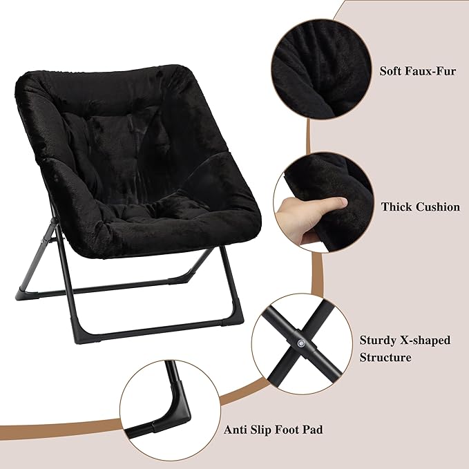 Comfy Saucer Chair for Adults Soft Faux Fur Bedroom Chair with Ottoman Accent Dorm Chairs Living Room Reading Chairs and Footstool Folding Seat for Teens X-Large Black