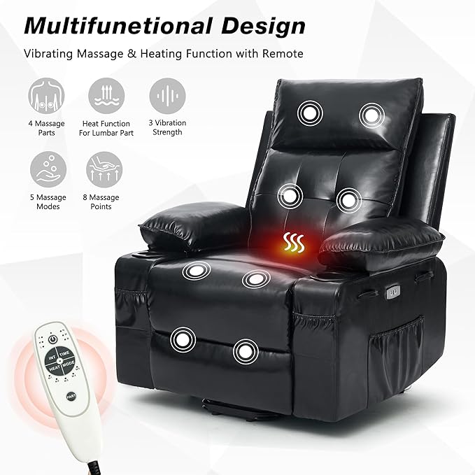 Power Lift Recliner Chair for Elderly with Massage &amp HeatPU LeatherElectric Recliner with USB PortsCup HoldersSide PocketsLift Chair for Living RoomBedroom