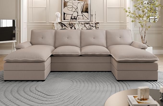 110 Sectional Couches for Living Room4 Seat U Shape Modular Couch with Thick Cushion &amp Soft BackrestUpholstered Sofa Couch with Double ChaiseBeige