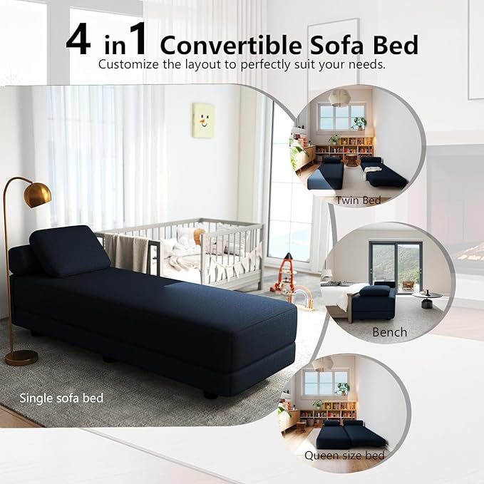 Upholstered Daybed30'' Wide Convertible 60 Day Bed Twin to QueenExtendable Sofa Bed for Small SpaceGuest Room Living Room or Office (Dark Blue)