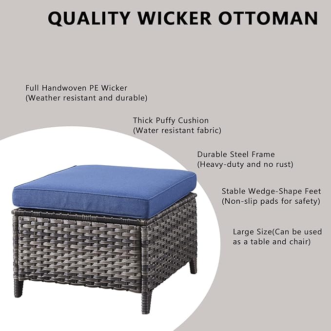 Rilyson Wicker Outdoor Patio Furniture Set - 5 Piece Patio Conversation Sets with Swivel Rocker Chairs Ottomans and Side Table 6 inch Cushions Waterproof Wicker for Porch Deck Mixed Grey/Blue