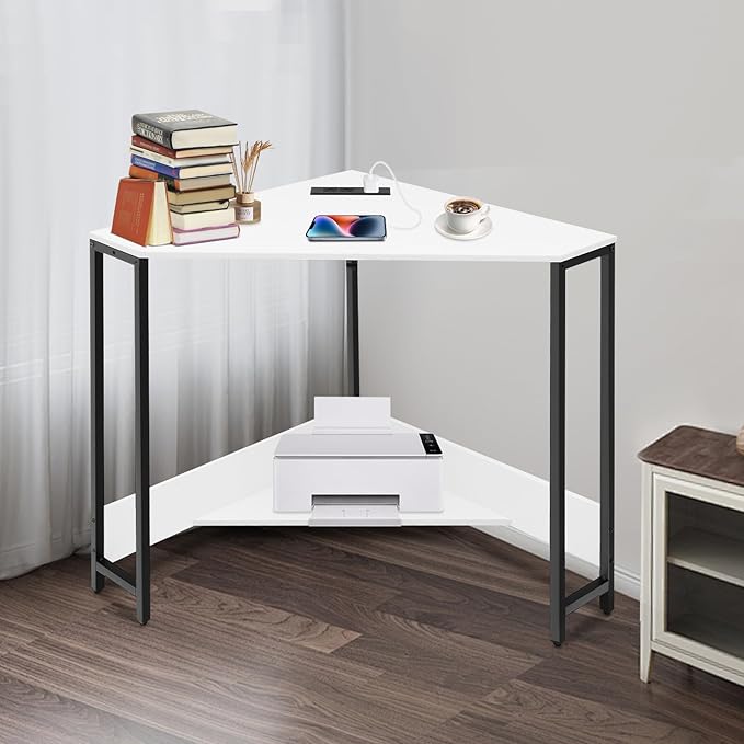 Corner Computer Desk L Shaped Desk with Outlets and USB Ports 90 Degree Triangle Corner Table Compact Home Office Triangle Table for Home Office Bedroom (White)