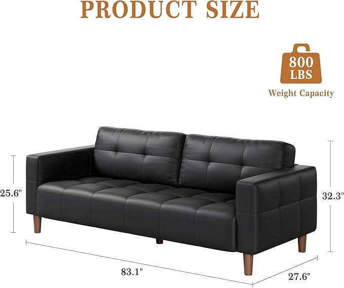 3-Seater Sofa Couch 83 in Wide Faux Leather Sofa Couch with Spring Cushion Modern Sofa with Deep Seats and 2 Removable Back Cushions for Living Room Bedroom Apartment Black