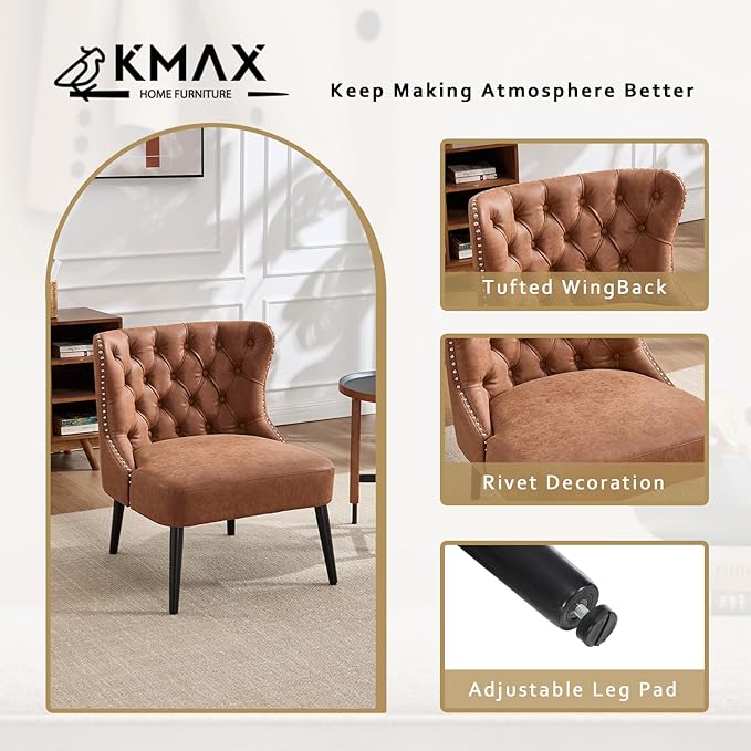 Kmax Accent Chairs Set of 2 Leather Slipper Chairs with Button Tufted Wingback Armless Living Room Chairs with Nails Modern Side Chairs for Bedroom Reception Small Space - Pu Brown Black Legs