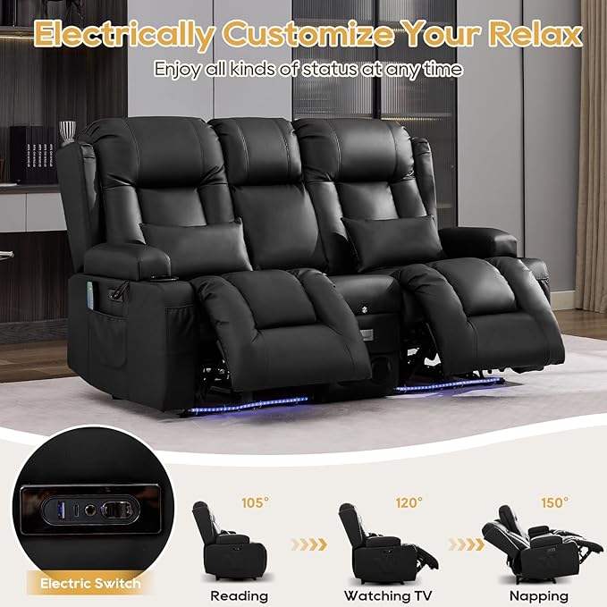 IPKIG Power Loveseat Recliner Sofa with Flip-Up Backrest Console Drawer AC Outlet LED Light Wall Hugger Recliners for Living Room RV Home Theater (Midnight Black Loveseat)
