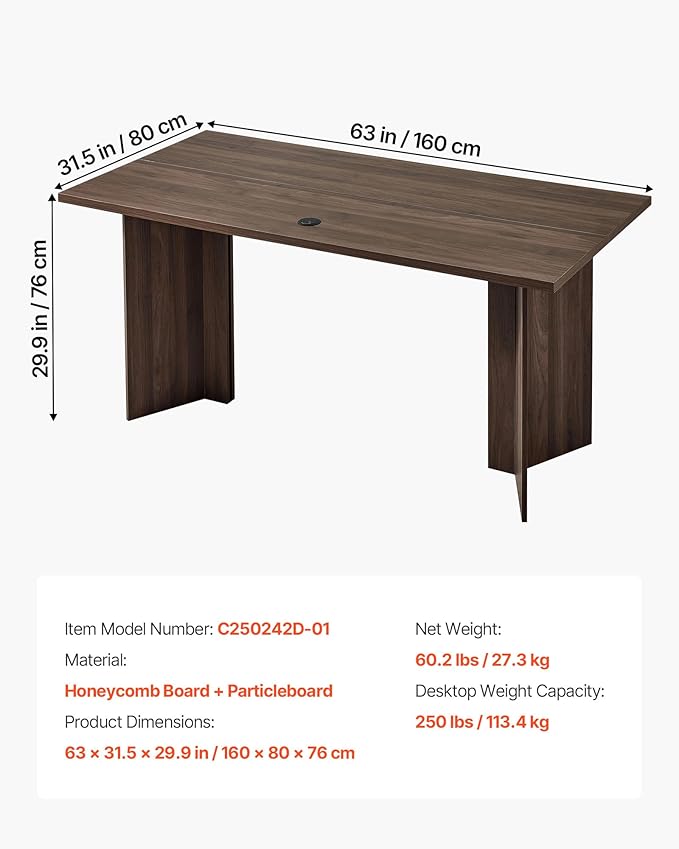 VEVOR 63 in Executive Desk Large Modern Rectangle Office Table Heavy Duty Wooden Executive Table with Cable Connection Hole 250 LBS Load Capacity Easy Assembly for Work Study Writing Walnut