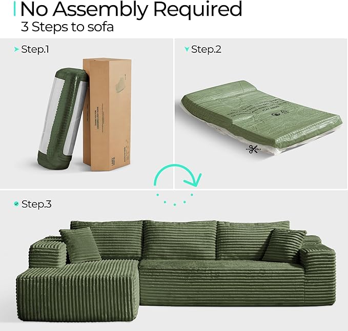 LINSY 106'' Cloud Sectional Couch - Plush Corduroy Modular Sofa with L-Shape Chaise Comfy Foam Couches for Living Room Apartment Compressed Couch No Assembly Required Green