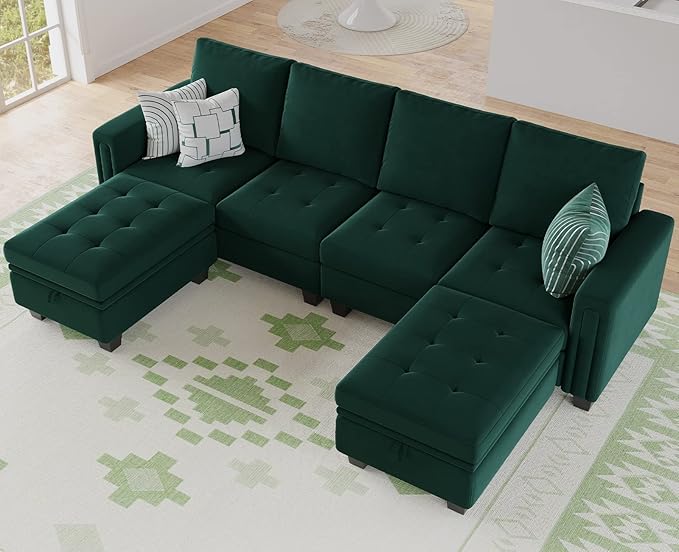 Belffin Velvet U Shaped Sectional Sofa Couch with Storage Ottoman Convertibel Sectional Sofa with Reversible Chaises Green