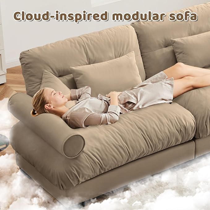 130 Large Sectional Couches for Living Room Cloud Modern Modular Deep Seat Sofa Set Comfy Couches Velvet Fluffy 3 Seater Sofa Set for Bedroom Apartment Taupe