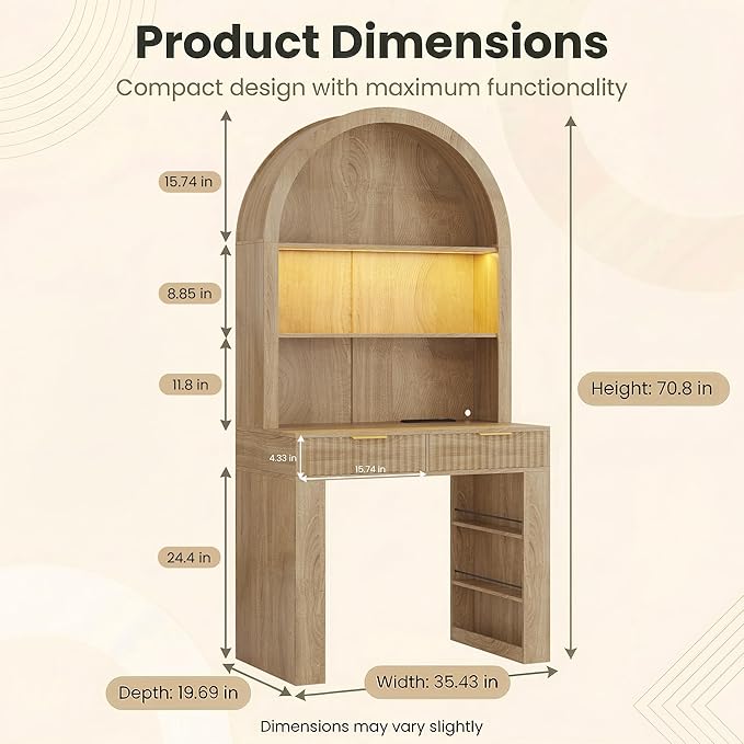 Arched Writing Desk with Hutch Home Office Desk with 2 Fluted Drawers Secretary Desk with Outlets LED Lights Bookshelves Wood Computer Desk for Small Space Bedroom 35.4W x 70.8H (Oak)