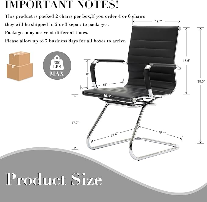 CIMOTA Waiting Room Chairs Leather Office Guest Chair Mid Back Reception Chairs with Sled Base for Meeting/Patient/Conference Room Black Set of 2