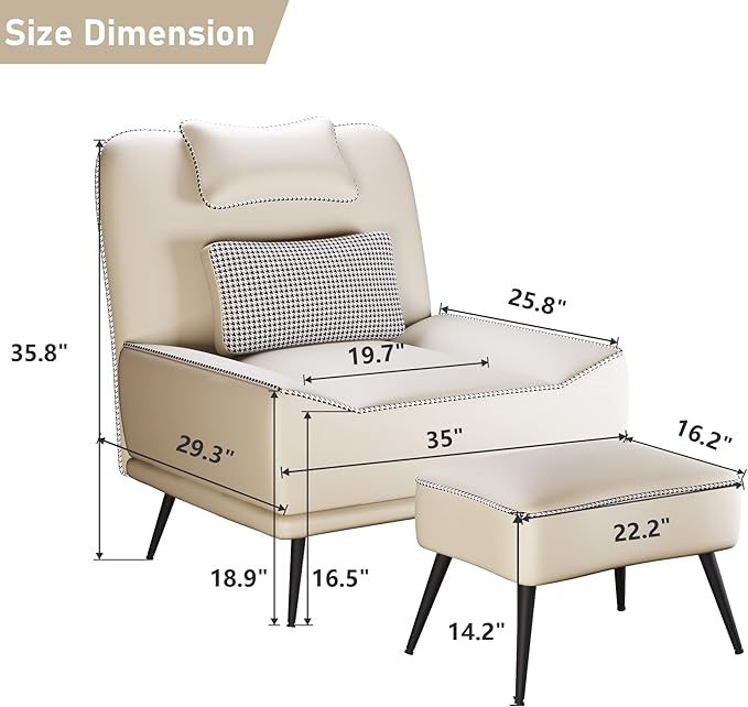 Yongqiang Faux Leather Accent Chair with Ottoman Modern Upholstered Large Sofa Chair for Living Room Bedroom Lounge Chair Armless Accent Chair and Ottoman Set Beige